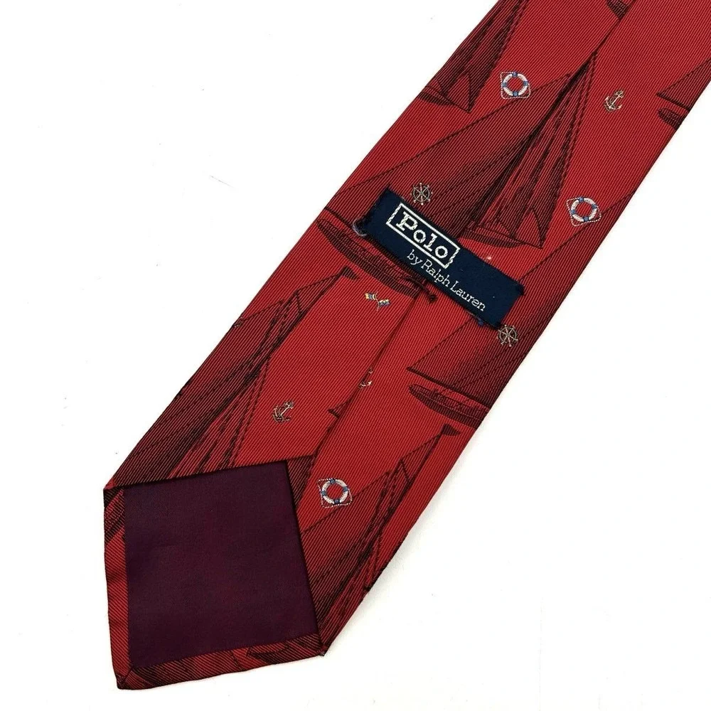 Vintage 90s Polo Ralph Lauren Men's Red Silk Nautical Sailboat Anchor Tie 3.5